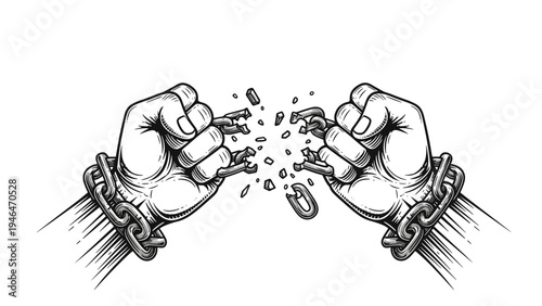 Powerful image of two fists breaking free from heavy chains and handcuffs, symbolizing freedom, liberation, and triumph.