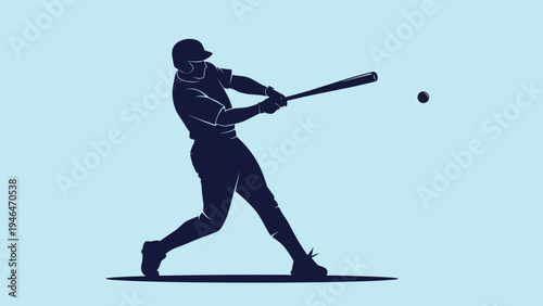 Dynamic silhouette of a baseball player mid-swing, hitting the ball powerfully, depicting sports action.