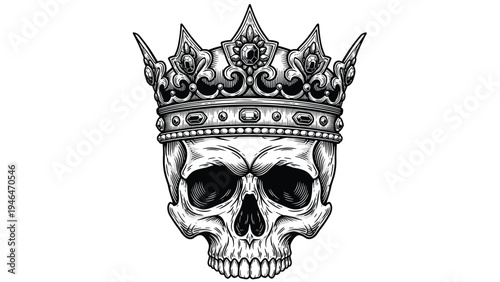 Ornate vintage engraving of a human skull wearing an elaborate royal crown, symbolizing power, death, and monarchy.