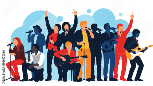 Dynamic group of diverse musicians and singers performing together on stage, celebrating music and live entertainment.