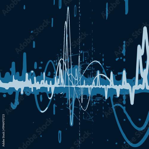 Abstract digital pulse wave representing data analysis, sound waves, and financial market fluctuations on a dark blue background with white and light blue accents