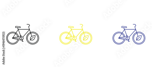  Minimal Bicycle Line Icon Set, Simple Bike Outline Vector Illustration, Cycling Transport Symbol in Black Yellow and Blue, Clean Editable Stroke Icon Isolated on White Background