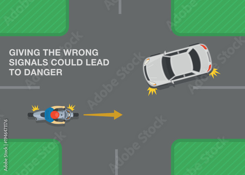 Safety motorcycle driving rules and tips. Giving the wrong signals could lead to danger. Bike rider turned on left turn signal but moving straight at intersection. Top view. Flat vector illustration t