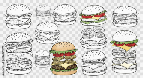 Set of hand-drawn burger doodle illustrations. This collection features various styles of fast-food cheeseburgers, including black and white outline sketches suitable for coloring pages.