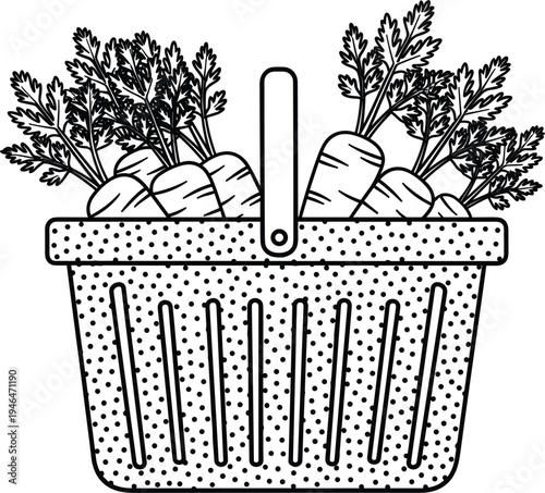 Carrot Harvest Basket Outline Illustration Fresh Farm Vegetables in Market Basket Line Art Design for Organic Food, Gardening and Healthy Eating Concepts