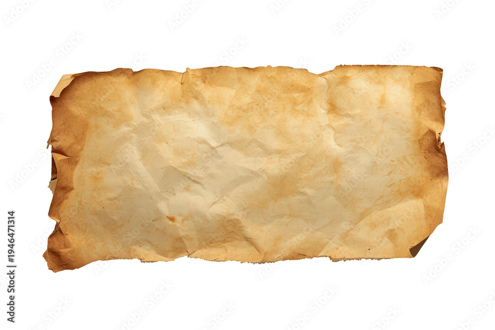 Fototapeta premium Crumpled blank aged parchment paper with dark burned edges and spots, adding a rustic and historical texture. Transparent background