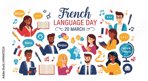Illustration of diverse people celebrating French Language Day on March 20th with colorful design elements and typography.