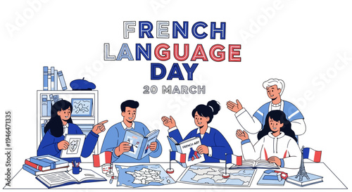 Illustration of diverse people celebrating French Language Day with books and flags on a table in a colorful design.