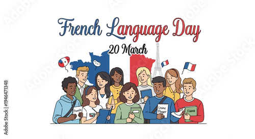 Illustration of diverse people celebrating French Language Day on March 20th with a colorful design and vector graphics.