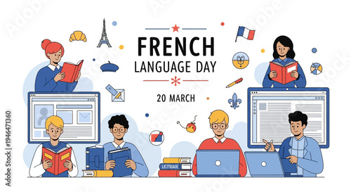 Illustration of people celebrating French Language Day with computers and books on a clean design background.