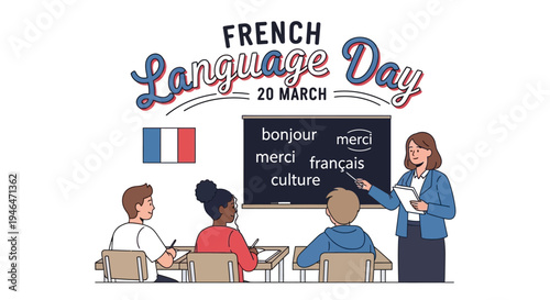 Illustration of diverse people celebrating French Language Day with a teacher and students in a classroom setting with a blackboard and French flag.