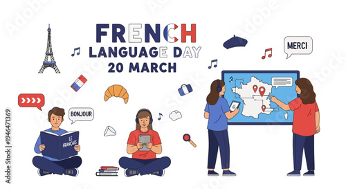 Illustration of people celebrating French Language Day on March 20th with a map and symbols, conveying a joyful and cultural mood with a mix of colorful icons and graphics.