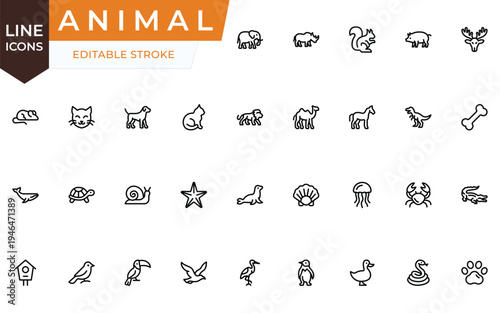 Animal icon set. Editable Stroke Vector Set. Line Icon.