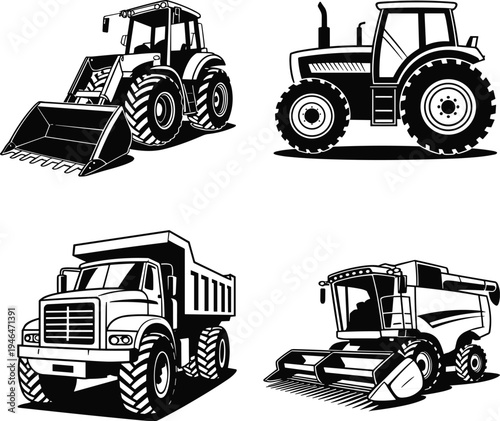 Black and white front loader tractor, farm tractor, dump truck, combine harvester, heavy machinery, agricultural vehicle, construction equipment, rural industry, vintage transport, vector illustration
