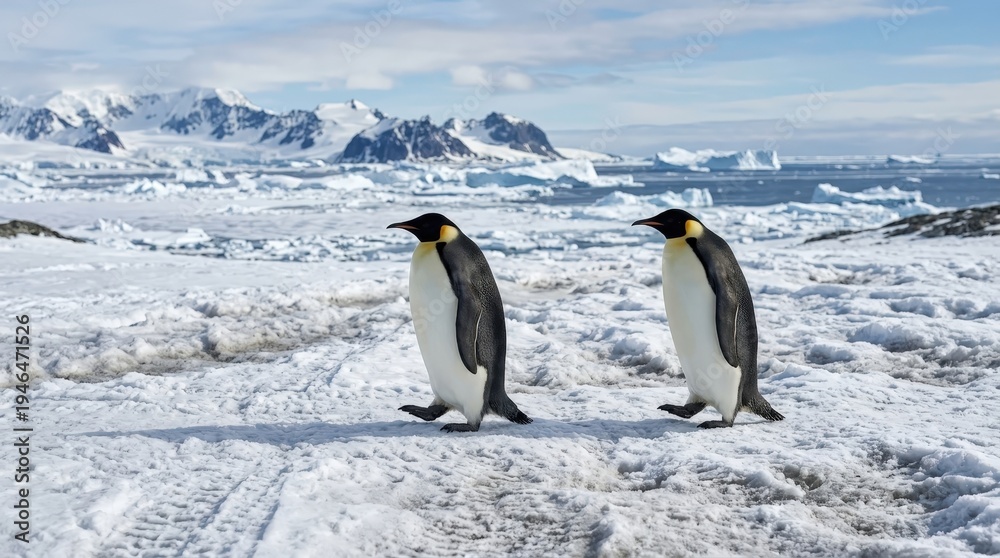 Obraz premium Two Emperor Penguins Walking Across Snowy Landscape Near Icebergs and Mountains in Antarctica