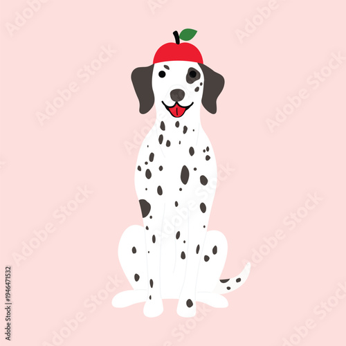 A cute Dalmatian wear red apple hat illustration