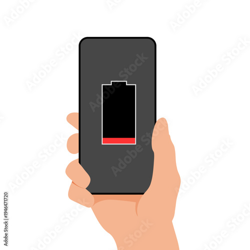 Smartphone with low battery level in hand, mobile device screen showing low power indicator, digital technology concept for energy shortage, charging reminder, and modern communication lifestyle