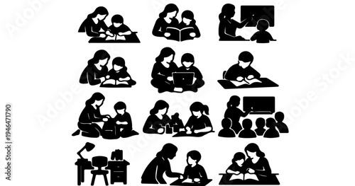 mom teaching child education silhouette icon pack