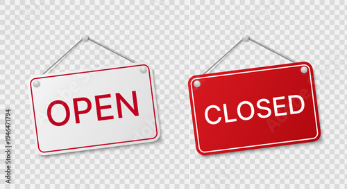 Open and closed signboard with hanging rope isolated on transparent background, business door sign for shop, store, cafe, restaurant, retail service status notification design. Vector illustration