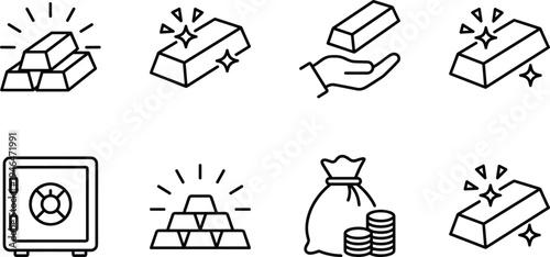 gold, bullion, bar, wealth, money, finance, banking, investment, savings, treasure, economy, asset, profit, capital, icon, set, outline, vector, minimal, symbol