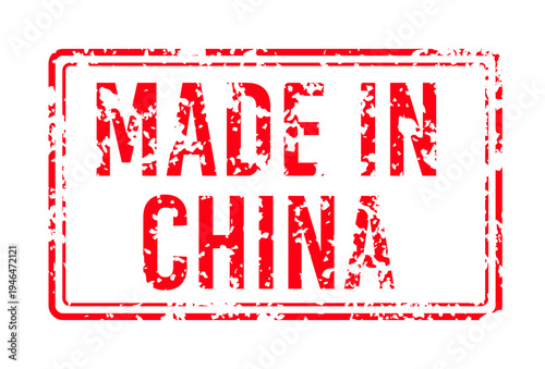Made in China red grunge stamp label with distressed texture, rubber seal style design element for product origin marking, packaging, retail, shipping, export, and manufacturing concepts. Vector