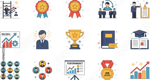 Business Achievement and Leadership Icons Set with Award Trophy Performance Growth and Team Management Vector