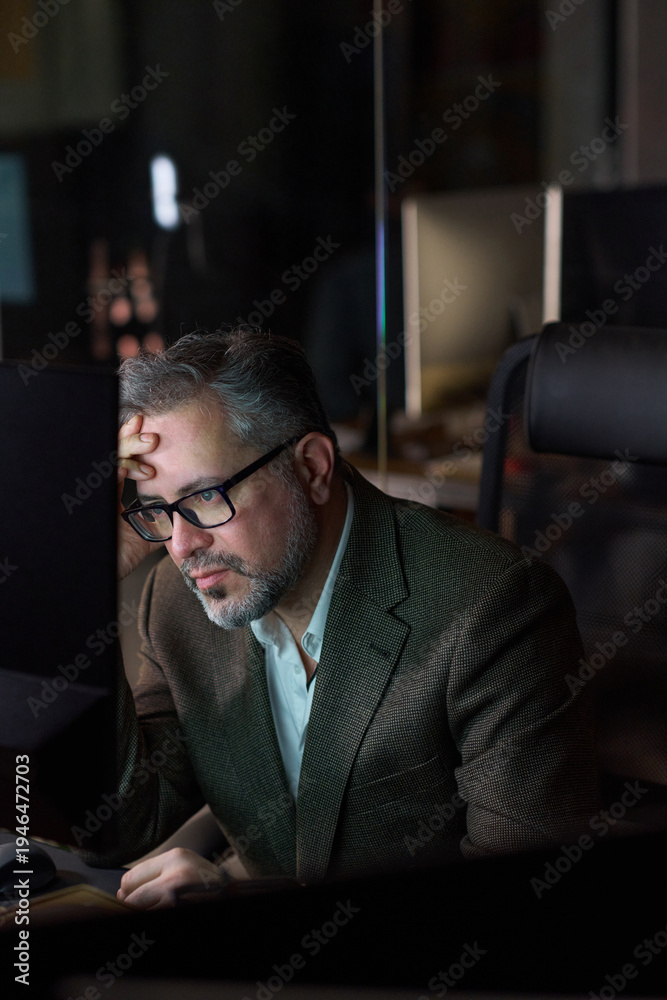 Fototapeta premium Middle aged Caucasian man wearing glasses sitting at desk working on computer, resting head on hand, appearing focused while looking at monitor in modern office setting