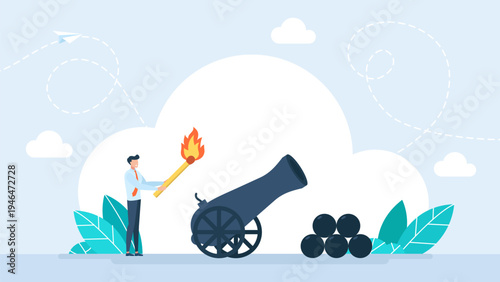 Businessman lighting the fuse of a large cannon to fire cannonballs, concept of project launch, aggressive marketing strategy, power and breakthrough in flat design style. Vector illustration.