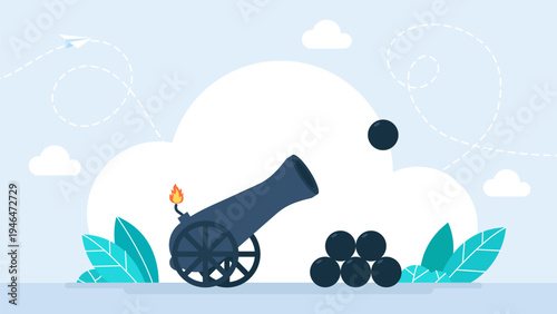 Antique cannon firing heavy cannonballs in the sky, concept of powerful marketing attack, business strategy, strength and achieving targets in flat minimalist style. Vector illustration.
