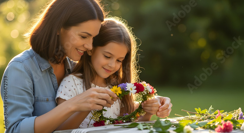 A woman and a young girl sitting at a wooden table weaving fresh colorful flowers