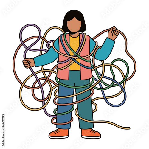 A girl struggles to manage numerous colorful jump ropes wrapped around her body.