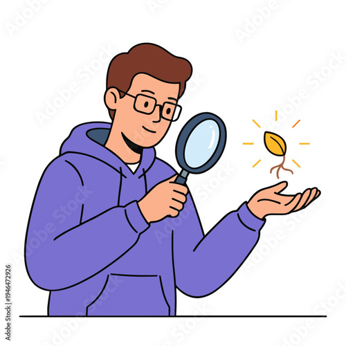 A man examines a glowing seed with a magnifying glass closely.