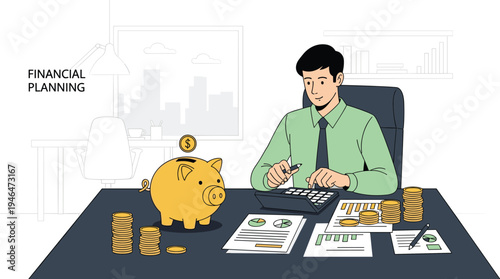 Businessman Sitting at Desk Calculating Personal Savings and Investment Strategy with Piggy Bank, Gold Coins, and Financial Planning Documents for Banking, Wealth Management, and Budgeting