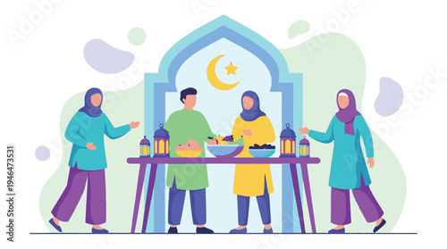 Muslim family gathering to celebrate Eid or Ramadan with food and lanterns