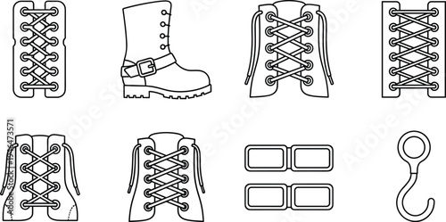Shoe laces and boot accessories line icons set, shoelace patterns, eyelets, buckle boot, footwear repair vector collection