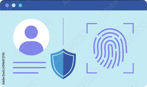 A digital illustration of a person's profile with a shield and fingerprint on a screen