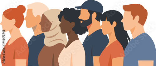 Flat vector illustration of diverse people in side profile representing multicultural society, inclusion, and diversity.
