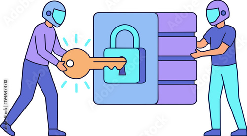 Two workers in helmets exchange a giant key for a locked server.