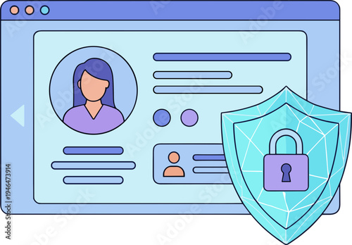 A digital illustration of a protected user profile with a shield and lock on a computer screen.