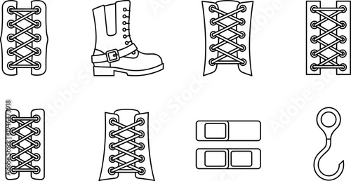 Shoe laces and boot accessories line icons set, shoelace patterns, eyelets, buckle strap, footwear repair vector collection