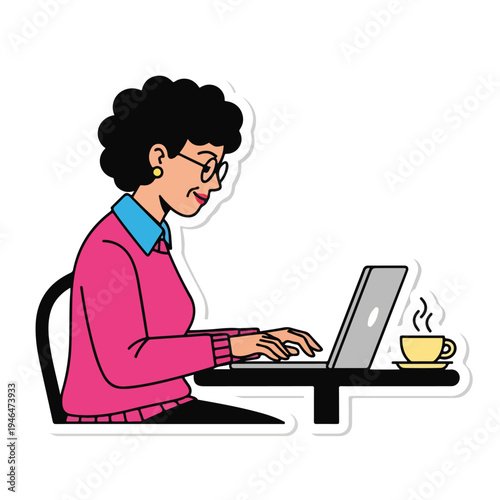 A woman with short hair works on a laptop