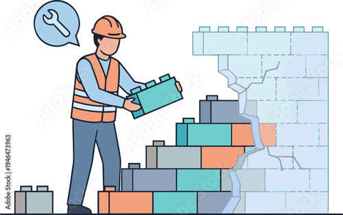 Construction worker building wall with colorful blocks in a city
