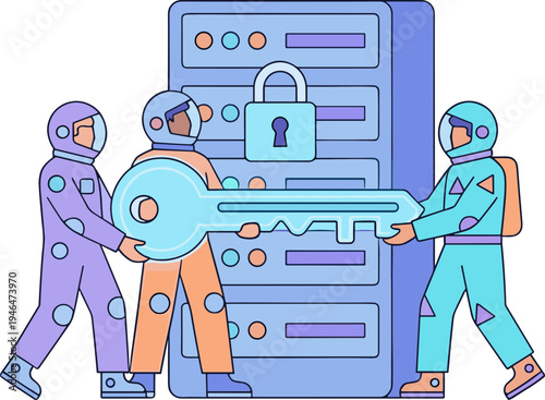 Three astronauts exchanging a large key in front of a secure server.