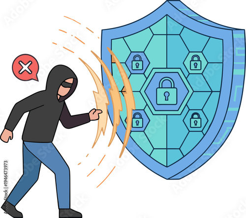 A hooded figure attempts to breach a shield protecting multiple padlocks.