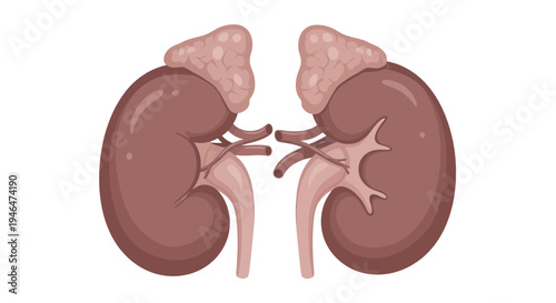 Anatomical illustration of human kidneys and adrenal glands in abdominal cavity