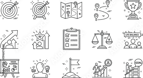 Personal Goal Setting and Life Balance Line Icons Set with Target Vision Planning Success Growth and Motivation Vector