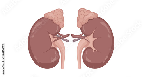 A medical illustration of human kidneys with ureters and blood vessels in a detailed anatomical view