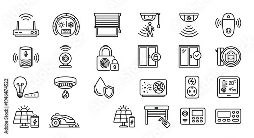 Smart Home Automation and Security System Linear Icon Set 