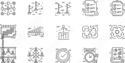 Business Workflow and Process Management Line Icons Set with Task Checklist Deadline Analytics and Team Collaboration Vector