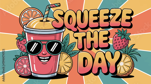 Vibrant retro style illustration of smiling drink with sunglasses and fruit squeeze the day